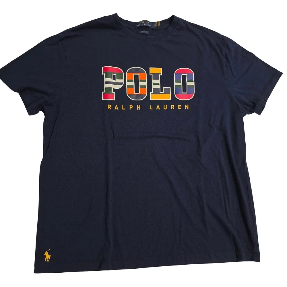 Polo Ralph Lauren Mens T-Shirt Navy Blue Graphic Spellout Logo Classic Fit Large